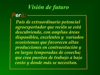 Perú:
País de extraordinario potencial
agroexportador que recién se está
descubriendo, con amplias áreas
disponibles, excelentes y variados
ecosistemas que favorecen altas
producciones en contraestación y
en largas temporadas de cosecha;
que crea puestos de trabajo a bajo
costo y donde más se necesitan.
Visión de futuro
 