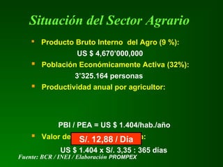 Situación del Sector Agrario
 Producto Bruto Interno del Agro (9 %):
US $ 4,670’000,000
 Población Económicamente Activa (32%):
3’325.164 personas
 Productividad anual por agricultor:
PBI / PEA = US $ 1.404/hab./año
 Valor de la producción diaria:
US $ 1.404 x S/. 3,35 : 365 días
Fuente: BCR / INEI / Elaboración PROMPEX
S/. 12,88 / Día
 