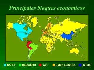 NAFTA CANMERCOSUR UNION EUROPEA CHINA
Principales bloques económicos
 