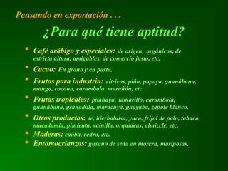  Café arábigo y especiales: de origen, orgánicos, de
estricta altura, amigables, de comercio justo, etc.
 Cacao: En grano y en pasta.
 Frutas para industria: cítricos, piña, papaya, guanábana,
mango, cocona, carambola, marañón, etc.
 Frutas tropicales: pitahaya, tamarillo, carambola,
guanábana, granadilla, maracuyá, guayaba, zapote blanco.
 Otros productos: té, hierbaluisa, yuca, frijol de palo, tabaco,
macadamia, pimienta, vainilla, orquídeas, almizcle, etc.
 Maderas: caoba, cedro, etc.
 Entomocrianzas: gusano de seda en morera, mariposas.
¿Para qué tiene aptitud?
Pensando en exportación . . .
 