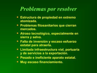  Estructura de propiedad en extremo
atomizada.
 Problemas fitosanitarios que cierran
mercados.
 Atraso tecnológico, especialmente en
sierra y selva.
 Falta de inversión y escaso esfuerzo
estatal para atraerla.
 Limitada infraestructura vial, portuaria
y de servicios a la exportación.
 Pesado e ineficiente aparato estatal.
 Muy escaso financiamiento.
Problemas por resolver
 