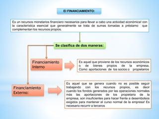 Es un recursos monetarios financiero necesarios para llevar a cabo una actividad económica! con
la característica esencial que generalmente se trata de sumas tomadas a préstamo que
complementan los recursos propios.
Se clasifica de dos maneras:
Financiamiento
Interno
Financiamiento
Externo:
Es aquel que proviene de los recursos económicos
o de bienes propios de la empresa,
Como: aportaciones de los socios o propietarios
Es aquel que se genera cuando no es posible seguir
trabajando con los recursos propios, es decir
cuando los fondos generados por las operaciones normales
más las aportaciones de los propietario de la
empresa, son insuficientes para hacer frente a desembolsos
exigidos para mantener el curso normal de la empresa! Es
necesario recurrir a terceros
El FINANCIAMIENTO:
 