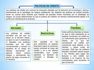 POLITICAS DE CREDITO
FlexiblesNormales
RestrictivasLas políticas de crédito
normales son las que se
sitúan en el término medio;
es decir no son ni restrictivas
ni liberales. Las políticas
normales son las más
convencionales y buscan el
equilibrio en el riesgo de
clientes, asumiendo en
algunos casos ciertos
riesgos y permitiendo los
plazos de pago comunes en
la industria.
Las políticas de crédito son normas de actuación dictadas por la dirección de la empresa y derivan
directamente de la estrategia de riesgos establecida. No obstante las políticas de crédito también
tienen en cuenta otros factores que matizan las grandes líneas marcadas por la estrategia de
riesgos. Un punto determinante es que la política de créditos irá siempre estrechamente ligada a la
política de marketing de la empresa.
Son aquellas en las
que predomina el aspecto
financiero sobre el comercial,
dando prioridad al coste del
crédito y no a los efectos
comerciales que pueda
significar la decisión de
conceder o denegar un
crédito.
Estas políticas liberales se basan
en que lo más importante es el
aspecto comercial y el crédito es
un instrumento para ganarnos al
cliente, por lo que las
concesiones de crédito son
inversiones para fidelizar a los
clientes y ganar cuota de
mercado. Este tipo de políticas
liberales conceden plazos largos
a los clientes para pagar las
facturas y dan crédito con
facilidad a la mayoría de los
compradores para aumentar el
giro comercial.
 