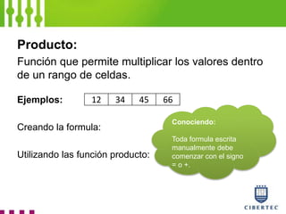 Producto:
Función que permite multiplicar los valores dentro
de un rango de celdas.
Ejemplos:
Creando la formula:
Utilizando las función producto:
12 34 45 66
Conociendo:
Toda formula escrita
manualmente debe
comenzar con el signo
= o +.
 