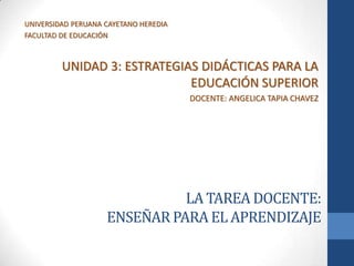 LA TAREA DOCENTE:
ENSEÑAR PARA EL APRENDIZAJE
UNIVERSIDAD PERUANA CAYETANO HEREDIA
FACULTAD DE EDUCACIÓN
UNIDAD 3: ESTRATEGIAS DIDÁCTICAS PARA LA
EDUCACIÓN SUPERIOR
DOCENTE: ANGELICA TAPIA CHAVEZ
 