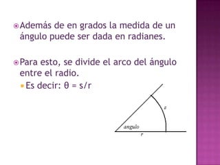 ÁngulosUn ángulo representa un cambio en dirección.Los conceptos sobre ángulos más conocidos son que un ángulo recto mide 90° y que una revolución son 360 °.El viaje que realiza la Tierra alrededor del Sol en un día representa un grado.