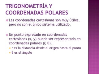Un ángulo con una medida de un radian es un poco más pequeño que 60°.Un radian es 180/π=57.3° aproximadamente.Es importante recordar que la fórmulas que utilizamos en computadora son ángulos expresados en radianes.