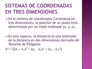 DimensiónEnfoque de separación: Dos puntos distintos pueden ser separados por una figura de menor dimensión a la dimensión total.Enfoque de construcción: Si trasladamos una figura, le añadimos una dimensión.Enfoque de coordenadas: El número mínimo de valores necesarios para identificar un punto indica la dimensión.