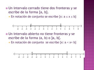 Un intervalo cerrado tiene dos fronteras y se escribe de la forma [a, b]. En notación de conjunto se escribe {x: a ≤ x ≤ b}Un intervalo abierto no tiene fronteras y se escribe de la forma (a, b) o ]a, b[.En notación de conjunto  se escribe {x: a < x< b}