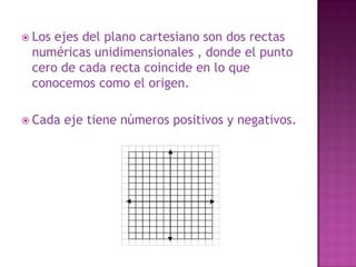 Los ejes del plano cartesiano son dos rectas numéricas unidimensionales , donde el punto cero de cada recta coincide en lo que conocemos como el origen.Cada eje tiene números positivos y negativos.