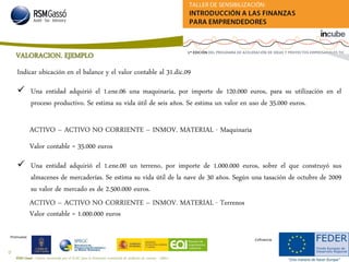 RSM Gassó - Centro reconocido por el ICAC para la formación continuada de auditores de cuentas - A0011
25
Promueve:
Cofinancia:
VALORACION. EJEMPLO
 Una entidad adquirió el 1.ene.06 una maquinaria, por importe de 120.000 euros, para su utilización en el
proceso productivo. Se estima su vida útil de seis años. Se estima un valor en uso de 35.000 euros.
Indicar ubicación en el balance y el valor contable al 31.dic.09
Valor contable = 35.000 euros
ACTIVO – ACTIVO NO CORRIENTE – INMOV. MATERIAL - Maquinaria
 Una entidad adquirió el 1.ene.00 un terreno, por importe de 1.000.000 euros, sobre el que construyó sus
almacenes de mercaderías. Se estima su vida útil de la nave de 30 años. Según una tasación de octubre de 2009
su valor de mercado es de 2.500.000 euros.
Valor contable = 1.000.000 euros
ACTIVO – ACTIVO NO CORRIENTE – INMOV. MATERIAL - Terrenos
 
