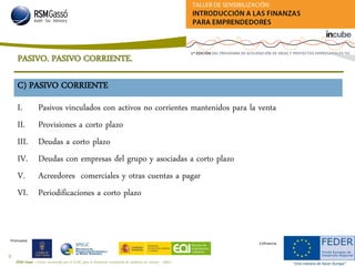 RSM Gassó - Centro reconocido por el ICAC para la formación continuada de auditores de cuentas - A0011
39
Promueve:
Cofinancia:
C) PASIVO CORRIENTE
I. Pasivos vinculados con activos no corrientes mantenidos para la venta
II. Provisiones a corto plazo
III. Deudas a corto plazo
IV. Deudas con empresas del grupo y asociadas a corto plazo
V. Acreedores comerciales y otras cuentas a pagar
VI. Periodificaciones a corto plazo
PASIVO. PASIVO CORRIENTE.
 
