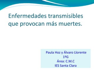 Enfermedades transmisibles
que provocan más muertes.



             Paula Hoz y Álvaro Llorente
                         1ºG
                     Área: C.M.C
                   IES Santa Clara
 