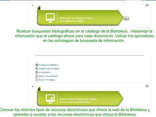 Realizar búsquedas bibliográficas en el catálogo de la Biblioteca, interpretar la
información que el catálogo ofrece para cada documento. Utilizar los operadores
en las estrategias de búsqueda de información.

Conocer los distintos tipos de recursos electrónicos que ofrece la web de la Biblioteca y
aprender a acceder a los recursos electrónicos que ofrece la Biblioteca.

 
