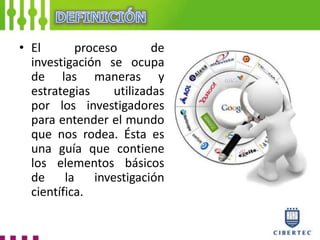 • El proceso de
investigación se ocupa
de las maneras y
estrategias utilizadas
por los investigadores
para entender el mundo
que nos rodea. Ésta es
una guía que contiene
los elementos básicos
de la investigación
científica.
