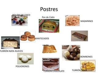 PostresBOLITAS DE COCOPan de CádizMAZAPANESMANTECADOSneulasTURRÓN NATA-NUECESBOMBONESPOLVORONESTURRÓN YEMATURRÓN CHOCOLATE