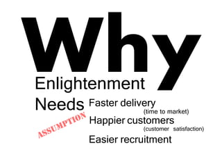 Enlightenment
Needs Faster delivery
(time to market)
Happier customers
(customer satisfaction)
Easier recruitment
 