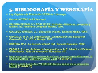 5. BIBLIOGRAFÍA Y WEBGRAFÍA
 Ley Orgánica de Educación 2/2006 de 3 de mayo.
 Decreto 67/2007 de 29 de mayo.
 PALOMA DE PABLO Y ROSI VÉLEZ. Unidades didácticas, proyectos y
talleres. Ed. Alhambra-Longman. Madrid, 1993.
 GALLEGO ORTEGA, JL.: Educación infantil. Editorial Algibe, 1994.
 GERVILLA, M' A.: La Globalización. La Aplicación a la Educación
Preescolar. Ed. ICE de Málaga, 1991.
 ORTEGA, M' J.: La Escuela Infantil. Ed. Escuela Española, 1992.
 ZABALA, A.: Los Ámbitos de Intervención en la E. Infantil y el Enfoque
Globalizador. Aula de Innovación Educativa, nºl1,
 http://www.csif.es/andalucia/modules/mod_ense/revista/pdf/Numero_16
/Ana%20Victoria_Cabrera%20Mota_2.pdf [11-04-2013]
 http://es.scribd.com/doc/77566618/Didactica-basica-de-la-educacion-
Infantil [11-04-2013]
 