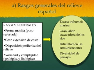 a) Rasgos generales del relieve
español
RASGOS GENERALES
• Forma maciza (poco
recortada)
• Gran extensión de costa
• Disposición periférica del
relieve
• Variedad y complejidad
(geológica y litológica)
Escasa influencia
marina
Gran labor
excavadora de los
ríos
Dificultad en las
comunicaciones
Diversidad de
paisajes
 