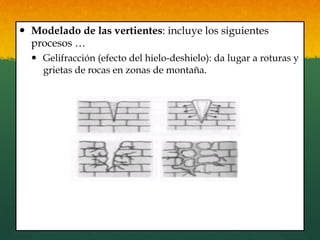 —  Modelado de las vertientes: incluye los siguientes
procesos …
—  Gelifracción (efecto del hielo-deshielo): da lugar a roturas y
grietas de rocas en zonas de montaña.
 