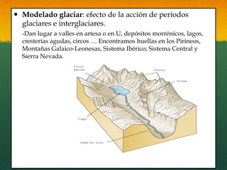 —  Modelado glaciar: efecto de la acción de períodos
glaciares e interglaciares.
-Dan lugar a valles en artesa o en U, depósitos morrénicos, lagos,
cresterías agudas, circos … Encontramos huellas en los Pirineos,
Montañas Galaico-Leonesas, Sistema Ibérico; Sistema Central y
Sierra Nevada.
 