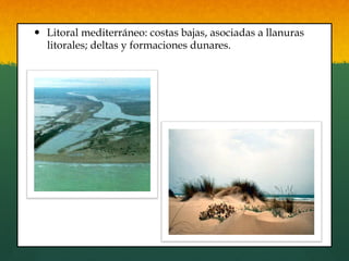 —  Litoral mediterráneo: costas bajas, asociadas a llanuras
litorales; deltas y formaciones dunares.
 