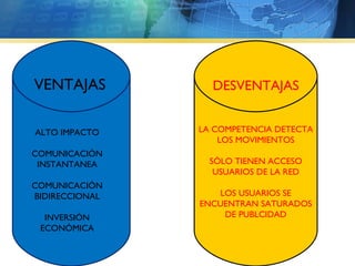 LA COMPETENCIA DETECTA LOS MOVIMIENTOS SÓLO TIENEN ACCESO USUARIOS DE LA RED LOS USUARIOS SE ENCUENTRAN SATURADOS DE PUBLCIDAD VENTAJAS DESVENTAJAS ALTO IMPACTO COMUNICACIÓN INSTANTANEA COMUNICACIÓN BIDIRECCIONAL INVERSIÓN ECONÓMICA 