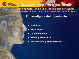 El paradigma del hipertexto Infinitud Relaciones La no linealidad Redes y laberintos Perspectiva  y Metanarrativa LOS PARADIGMAS DE LOS MEDIOS QUE DIFUNDEN CONTENIDOS MULTIMEDIA INTERACTIVOS EN LÍNEA LOS PARADIGMAS DE LOS MEDIOS QUE DIFUNDEN CONTENIDOS MULTIMEDIA INTERACTIVOS EN LÍNEA 
