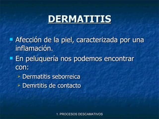 DERMATITIS <ul><li>Afección de la piel, caracterizada por una inflamación. </li></ul><ul><li>En peluquería nos podemos enc...
