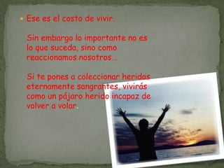  Ese es el costo de vivir.

 Sin embargo lo importante no es
 lo que suceda, sino como
 reaccionamos nosotros…

 Si te pones a coleccionar heridas
 eternamente sangrantes, vivirás
 como un pájaro herido incapaz de
 volver a volar.
 