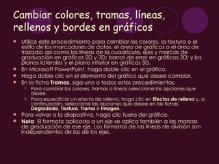 Cambiar colores, tramas, líneas,
rellenos y bordes en gráficos
 Utilice este procedimiento para cambiar los colores, la textura o el
  estilo de los marcadores de datos, el área de gráficos o el área de
  trazado; así como las líneas de la cuadrícula, ejes y marcas de
  graduación en gráficos 2D y 3D; barras de error en gráficos 2D; y los
  planos laterales y el plano inferior en gráficos 3D.
 En Microsoft PowerPoint, haga doble clic en el gráfico.
 Haga doble clic en el elemento del gráfico que desee cambiar.
 En la ficha Tramas, siga uno o todos estos procedimientos:
       Para cambiar los colores, tramas o líneas seleccione las opciones que
        desee.
       Para especificar un efecto de relleno, haga clic en Efectos de relleno y, a
        continuación, seleccione las opciones que desee en las fichas
        Degradado, Textura, Trama e Imagen.
 Para volver a la diapositiva, haga clic fuera del gráfico.
 Nota  El formato aplicado a un eje se aplica también a las marcas
  de graduación de ese eje. Los formatos de las líneas de división son
  independientes de las de los ejes.
 