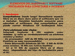 ELEMENTOS DEL HARDWARE Y SOFTWARE
    NECESARIOS PARA CONECTARSE A INTERNET


1- Hardware
Computadora: Desde luego! Necesitará espacio
libre en un disco duro para el software que va
a instalar. También bastante memoria para
ejecutar el software. Una computadora que
puede correr Windows XP trabajará bien.

Para sistemas más viejos:
Internet   Explorer   4   (IE)   sugiere   como
mínimo (y este es verdaderamente un sistema
mínimo y lento):
- Un procesador 486 de 66 MHz (un procesador
Pentium es más recomendable)
- Para Microsoft Windows 95/98: 8 MB de RAM
como mínimo, 16 MB con Active Desktop
- 40 a 70 MB de espacio libre en el disco
duro (dependiendo del tipo de instalación para
el IE)
 