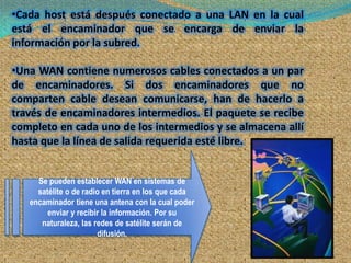 •Cada host está después conectado a una LAN en la cual
está el encaminador que se encarga de enviar la
información por la subred.

•Una WAN contiene numerosos cables conectados a un par
de encaminadores. Si dos encaminadores que no
comparten cable desean comunicarse, han de hacerlo a
través de encaminadores intermedios. El paquete se recibe
completo en cada uno de los intermedios y se almacena allí
hasta que la línea de salida requerida esté libre.


     Se pueden establecer WAN en sistemas de
     satélite o de radio en tierra en los que cada
   encaminador tiene una antena con la cual poder
        enviar y recibir la información. Por su
      naturaleza, las redes de satélite serán de
                       difusión.
 