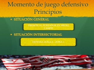 Momento de juego defensivo
       Principios
      PRESIÓN AL PORTADOR EN MEDIO
                  CAMPO




        DEFENSA ZONA 2 – ZONA 1
 