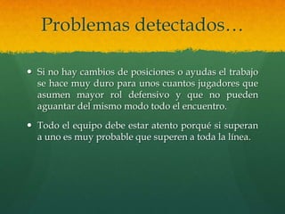 Problemas detectados…

 Si no hay cambios de posiciones o ayudas el trabajo
  se hace muy duro para unos cuantos jugadores que
  asumen mayor rol defensivo y que no pueden
  aguantar del mismo modo todo el encuentro.

 Todo el equipo debe estar atento porqué si superan
  a uno es muy probable que superen a toda la línea.
 