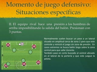 Momento de juego defensivo:
  Situaciones específicas
II. El equipo rival hace una presión a los hombres de
arriba imposibilitando la salida del balón. Presionan con
3 puntas.

                        Normalmente suelen buscar un pase a un lateral
                        situado en amplitud cerca de zona 2 para que este
                        controle y reinicié el juego sin zona de presión. En
                        casos extremos se busca balón largo sobre la zona
                        central para que salte Llorente.
                        También pase en corto buscado al central ubicado
                        en el lateral de la portería y que este juegue la
                        pelota.
 