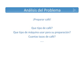 Análisis del Problema 
¡Preparar café! 
Que tipo de café? 
Que tipo de máquina usar para su preparación? 
Cuantas tazas de café? 
….. 
 