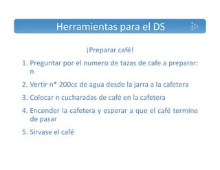 Herramientas para el DS 
¡Preparar café! 
1. Preguntar por el numero de tazas de cafe a preparar: 
n 
2. Vertir n* 200cc de agua desde la jarra a la cafetera 
3. Colocar n cucharadas de café en la cafetera 
4. Encender la cafetera y esperar a que el café termine 
de pasar 
5. Sírvase el café 
 