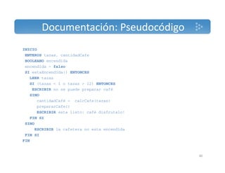 Documentación: Pseudocódigo 
40 
INICIO 
ENTEROS tazas, cantidadCafe 
BOOLEANO encendida 
encendida = falso 
SI estaEncendida() ENTONCES 
LEER tazas 
SI (tazas < 1 o tazas > 12) ENTONCES 
ESCRIBIR no se puede preparar café 
SINO 
cantidadCafé = calcCafe(tazas) 
prepararCafe() 
ESCRIBIR esta listo: café disfrutalo! 
FIN SI 
SINO 
ESCRIBIR la cafetera no esta encendida 
FIN SI 
FIN 
 