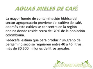 La mayor fuente de contaminación hídrica del 
sector agropecuario proviene del cultivo de café, 
además este cultivo se concentra en la región 
andina donde reside cerca del 70% de la población 
colombiana. 
Fedecafé estima que para producir un grano de 
pergamino seco se requieren entre 40 a 45 litros; 
más de 30.500 millones de litros anuales, 
 