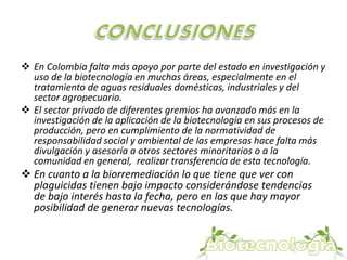 En Colombia falta más apoyo por parte del estado en investigación y 
uso de la biotecnología en muchas áreas, especialmente en el 
tratamiento de aguas residuales domésticas, industriales y del 
sector agropecuario. 
 El sector privado de diferentes gremios ha avanzado más en la 
investigación de la aplicación de la biotecnología en sus procesos de 
producción, pero en cumplimiento de la normatividad de 
responsabilidad social y ambiental de las empresas hace falta más 
divulgación y asesoría a otros sectores minoritarios o a la 
comunidad en general, realizar transferencia de esta tecnología. 
 En cuanto a la biorremediación lo que tiene que ver con 
plaguicidas tienen bajo impacto considerándose tendencias 
de bajo interés hasta la fecha, pero en las que hay mayor 
posibilidad de generar nuevas tecnologías. 
 
