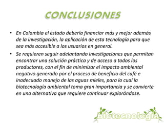 • En Colombia el estado debería financiar más y mejor además 
de la investigación, la aplicación de esta tecnología para que 
sea más accesible a los usuarios en general. 
• Se requieren seguir adelantando investigaciones que permitan 
encontrar una solución práctica y de acceso a todos los 
productores, con el fin de minimizar el impacto ambiental 
negativo generado por el proceso de beneficio del café e 
inadecuado manejo de las aguas mieles, para lo cual la 
biotecnología ambiental toma gran importancia y se convierte 
en una alternativa que requiere continuar explorándose. 
 