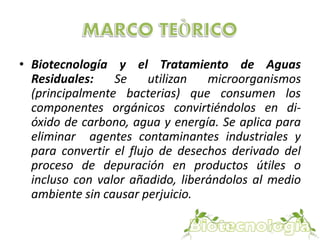 • Biotecnología y el Tratamiento de Aguas 
Residuales: Se utilizan microorganismos 
(principalmente bacterias) que consumen los 
componentes orgánicos convirtiéndolos en di-óxido 
de carbono, agua y energía. Se aplica para 
eliminar agentes contaminantes industriales y 
para convertir el flujo de desechos derivado del 
proceso de depuración en productos útiles o 
incluso con valor añadido, liberándolos al medio 
ambiente sin causar perjuicio. 
 