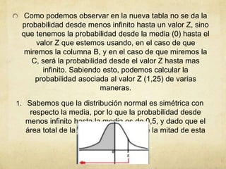Como podemos observar en la nueva tabla no se da la
probabilidad desde menos infinito hasta un valor Z, sino
que tenemos la probabilidad desde la media (0) hasta el
valor Z que estemos usando, en el caso de que
miremos la columna B, y en el caso de que miremos la
C, será la probabilidad desde el valor Z hasta mas
infinito. Sabiendo esto, podemos calcular la
probabilidad asociada al valor Z (1,25) de varias
maneras.
1. Sabemos que la distribución normal es simétrica con
respecto la media, por lo que la probabilidad desde
menos infinito hasta la media es de 0,5, y dado que el
área total de la curva es 1, el área de la mitad de esta
es 0,5.
 