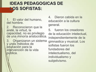 4. Dieron cabida en la
educación a la cultura
general.
5. fueron los creadores
de la educación intelectual,
independientemente de la
gimnastica y musical. Los
sofistas fueron los
fundadores del
intelectualismo, del
individualismo y
subjetivismo.
1. El valor del humano,
del hombre.
2. Reconocieron que la
areté, la virtud, la
capacidad, no es privilegio
de una minoría aristocrática.
3. Organizaron un sistema
y unos métodos de
educación para la
intervención de la vida
pública.
 