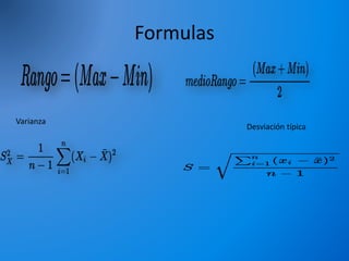 Formulas
Varianza
Desviación típica
 