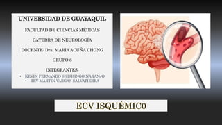 UNIVERSIDAD DE GUAYAQUIL
FACULTAD DE CIENCIAS MÉDICAS
CÁTEDRA DE NEUROLOGÍA
DOCENTE: Dra. MARIA ACUÑA CHONG
GRUPO 6
INTEGRANTES:
• KEVIN FERNANDO SHISHINGO NARANJO
• REY MARTIN VARGAS SALVATIERRA
 