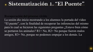 Recuperación del proceso vivido
La sesión dio inicio mostrando a los alumnos la portada del vídeo
“El puente”, con la finalidad de recuperar las inferencias del mismo
para lo cual se hicieron las siguientes preguntas ¿Estuvo bien cómo
se portaron los animales? R1= No, R2= No porque fueron malos
amigos, R3= No, porque no podemos empujar a los demás. La
Sistematización 1. “El Puente”
 