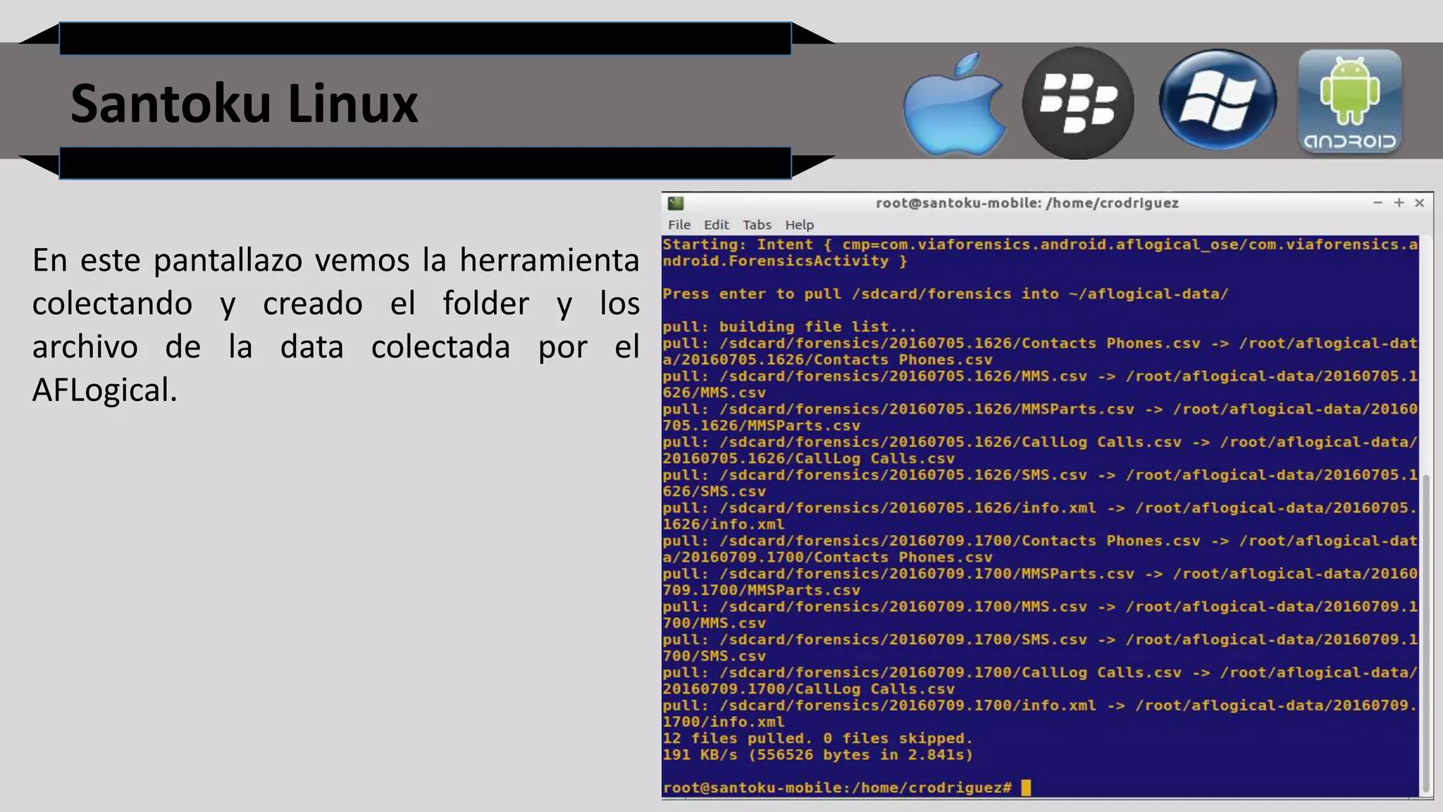 Santoku Linux
En este pantallazo vemos la herramienta
colectando y creado el folder y los
archivo de la data colectada por el
AFLogical.
 