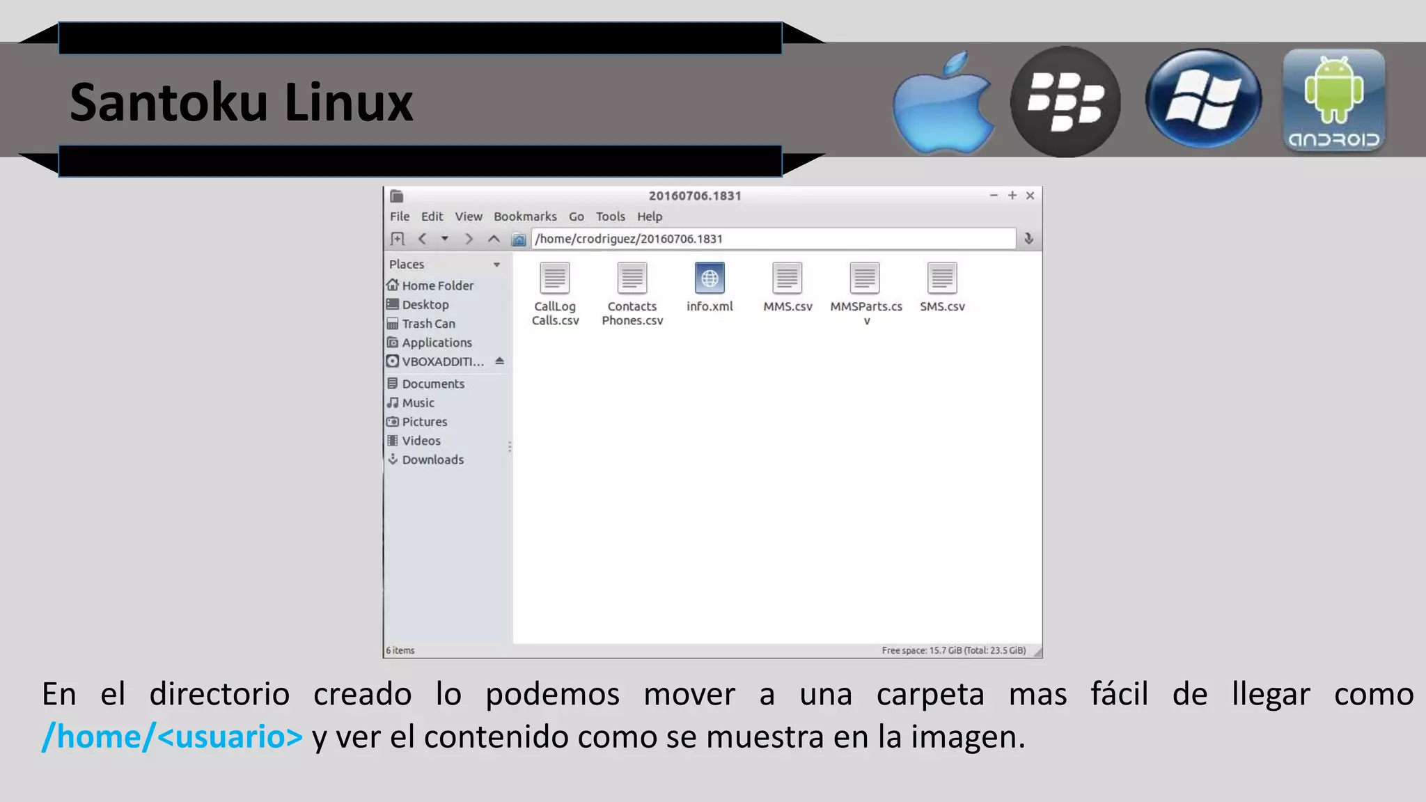 Santoku Linux
En el directorio creado lo podemos mover a una carpeta mas fácil de llegar como
/home/<usuario> y ver el contenido como se muestra en la imagen.
 